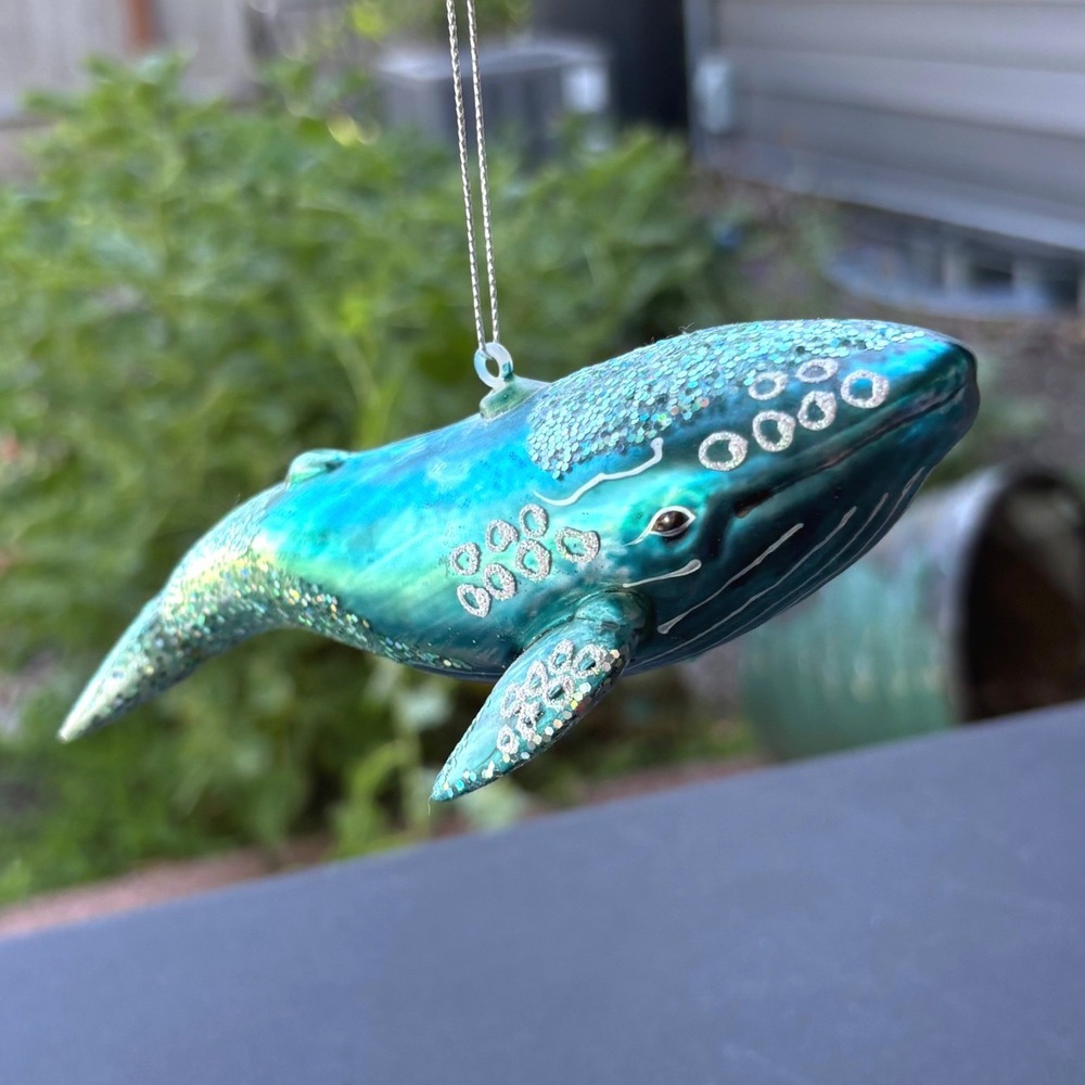 Blown Glass Humpback Whale Ornament Teal Turquoise Glitter Nautical Christmas